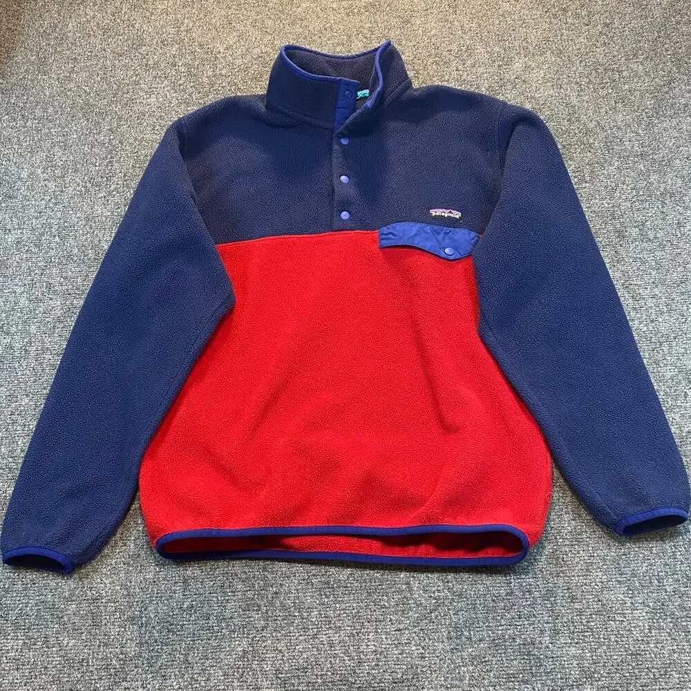 Patagonia Mens Synchilla Snap-T Pullover Navy Blue Red Fleece Jacket Size Medium